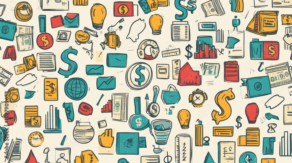 This pattern shows the world of finance. It features money, bank accounts, and people working together. It also includes icons for taxes and the stock market, showing how all these things connect. This pattern shows the world of finance. It features money, bank accounts, and people working together. It also includes icons for taxes and the stock market, showing how all these things connect.