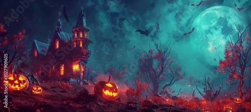 3d halloween scene: haunted house with pumpkins in a dark forest