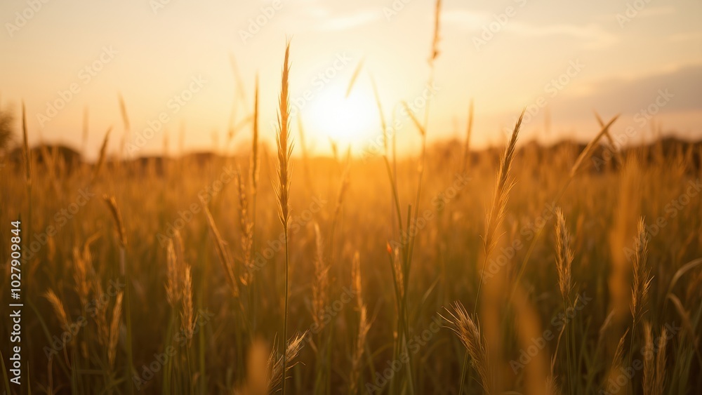 Golden Field at Sunset with a Peaceful Atmosphere Golden Field at Sunset with a Peaceful Atmosphere