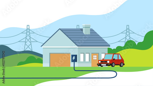 Electric Car Charging at Home with Power Grid in Background Vector Illustration