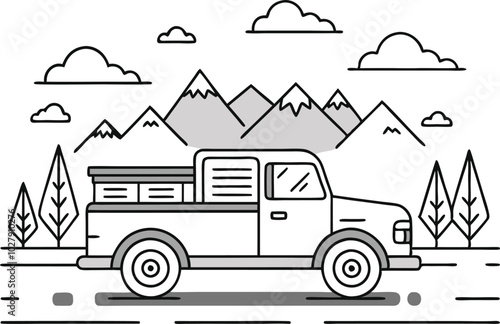 Coloring book page, truck in the road black and white outline vector illustration photo