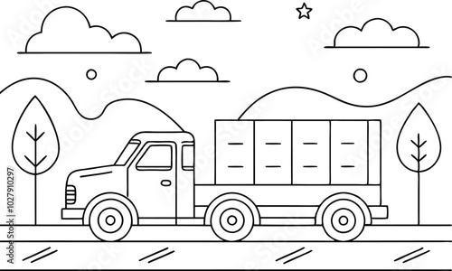 Coloring book page, truck in the road black and white outline vector illustration photo