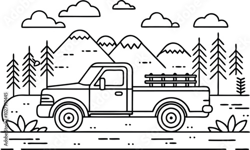 Coloring book page, truck in the road black and white outline vector illustration photo