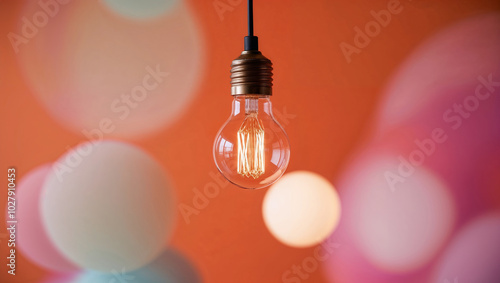 Una lampadina accesa emette luce su uno sfondo colorato arancione con effetto bokeh photo