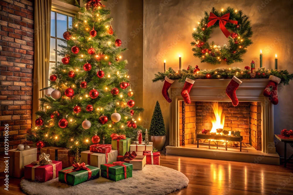 A beautifully decorated living room with a glowing fireplace, Christmas tree, and gifts under the tree. The warm ambiance is perfect for a festive and cozy holiday setting. A beautifully decorated living room with a glowing fireplace, Christmas tree, and gifts under the tree. The warm ambiance is perfect for a festive and cozy holiday setting.