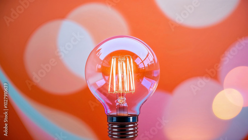 Una lampadina accesa emette luce su uno sfondo colorato arancione con effetto bokeh photo