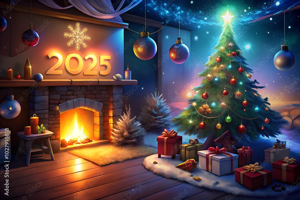 A festive room with a Christmas tree and glowing A festive room with a Christmas tree and glowing
