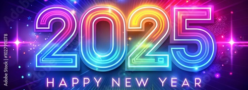 Bright neon 2025 numbers with glowing multicolored lights, perfect for vibrant New Year's Eve parties and modern digital designs. Ideal for festive celebrations and events.