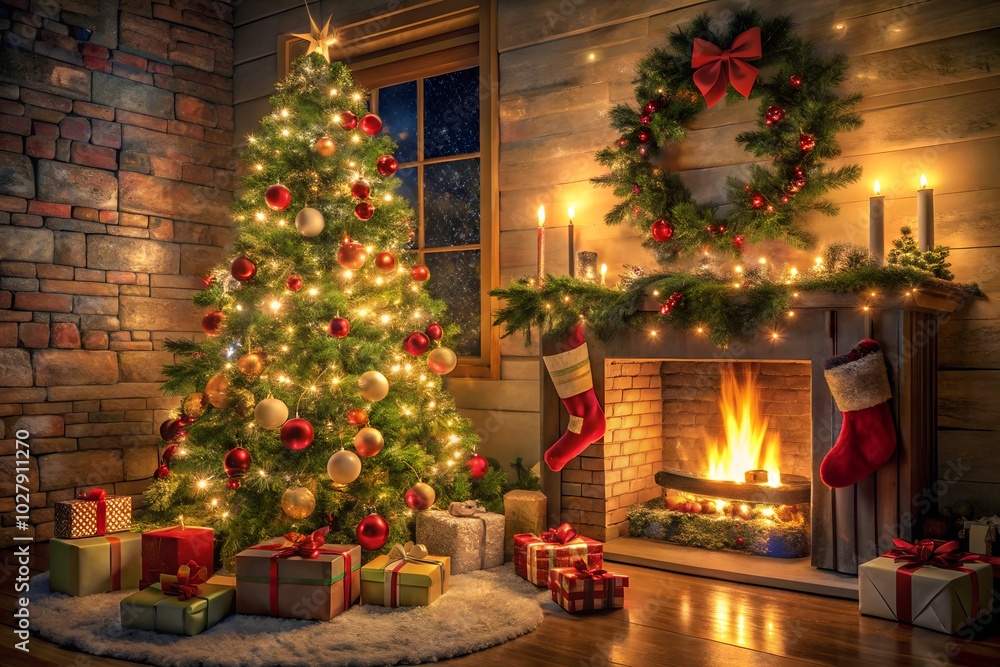 A festive Christmas room with a beautifully decorated tree and glowing fireplace. Ideal for holiday home decor, celebrations, and seasonal designs.