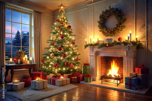 Christmas living room with a glowing tree and lit fireplace, adorned with festive decorations and presents. Ideal for holiday season designs and cozy winter decor.