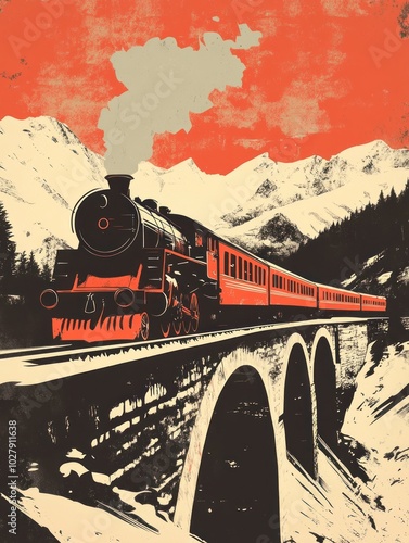 Vintage Tourist Poster of a Steam Train on a Viaduct - Minimalist Retro Style Travel Art