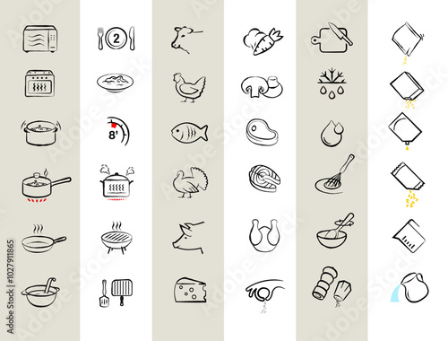 Hand drawing cooking icon set. Set of sign for detailed guideline of preparation food. Vector elements on a white background. Ready for your design. EPS10.