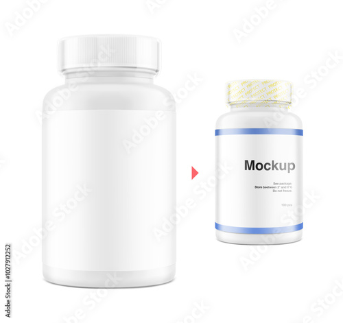 Plastic pill bottle mockup with sample. Vector illustration isolated on white background. Perfect for health and wellness, this versatile mockup set is ideal for health projects. EPS10.
