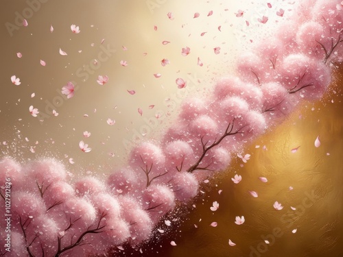 illustration of a whimsical cherry blossom blizzard, set against a lavish golden background that gradates from soft, creamy hues to rich, burnished tones, evoking a sense of opulence and refinement photo