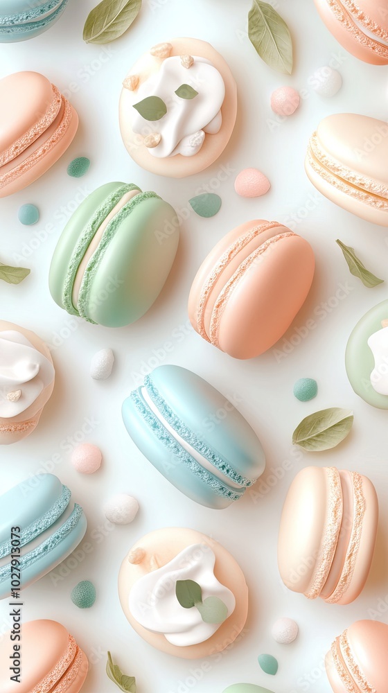 Obraz premium Indulge in a delightful assortment of colorful macarons in pastel shades, highlighting their intricate details and textures, perfect for a sweet-themed mobile background