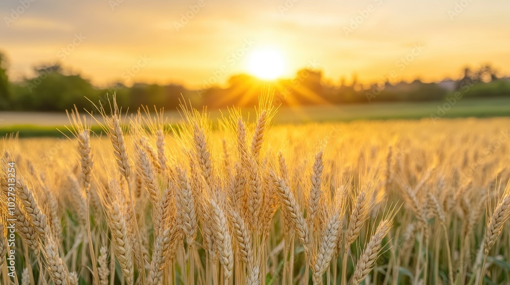 Golden ears of wheat capture the warm glow of a sunset, highlighting the texture and details of the field, which stretches into the horizon Golden ears of wheat capture the warm glow of a sunset, highlighting the texture and details of the field, which stretches into the horizon