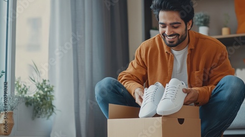 A joyful young Indian man is shown in this portrait unpacking a cardboard box with a pair of new white sneakers at home. He appears to be content with his internet purchasing experience.