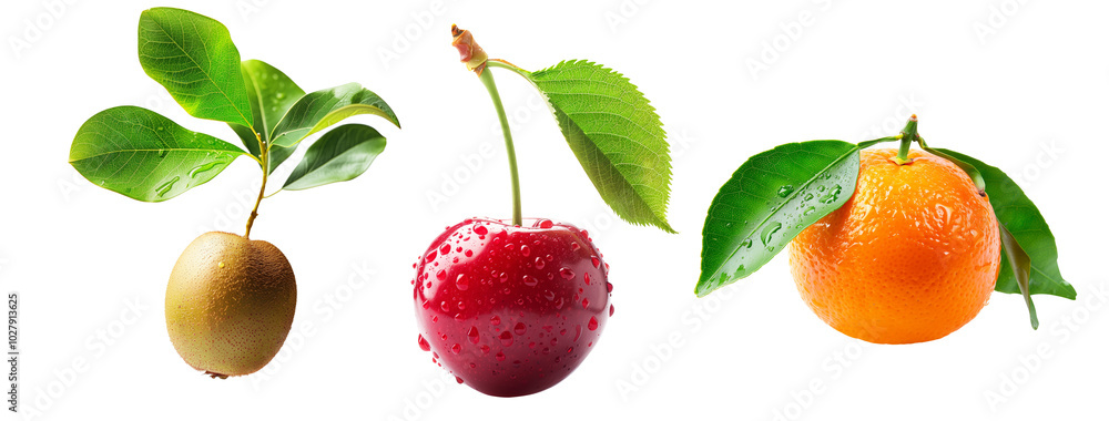 Set of kiwi, cherry and tangerine with green leaves, covered in water droplets, isolated on white transparent background Set of kiwi, cherry and tangerine with green leaves, covered in water droplets, isolated on white transparent background