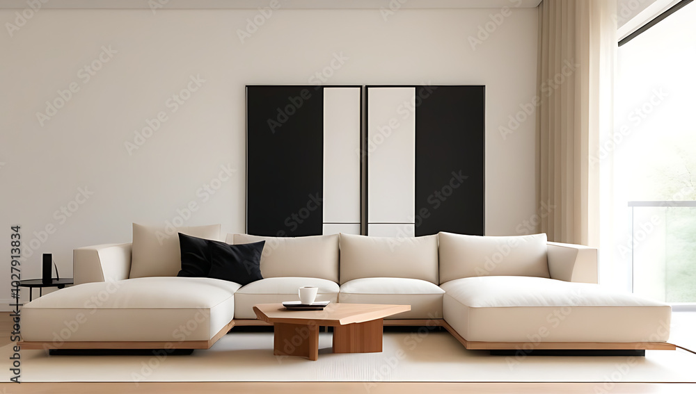 Fototapeta premium live edge coffee table stands near white corner sofa black pillows beige curtains drape room