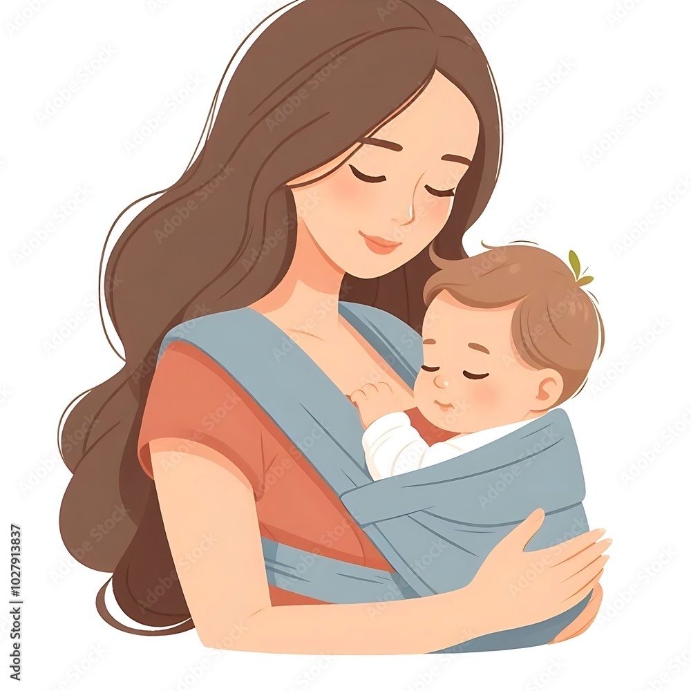 Flat style illustration of a baby nestled in a carrier on mom’s chest. Perfect for family and parenting-related designs. Warm and nurturing composition, ideal for showcasing mother-child bonding and Flat style illustration of a baby nestled in a carrier on mom’s chest. Perfect for family and parenting-related designs. Warm and nurturing composition, ideal for showcasing mother-child bonding and