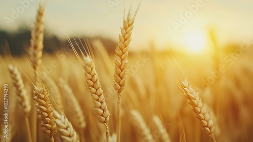 Golden ears of wheat capture the warm glow of a sunset, highlighting the texture and details of the field, which stretches into the horizon