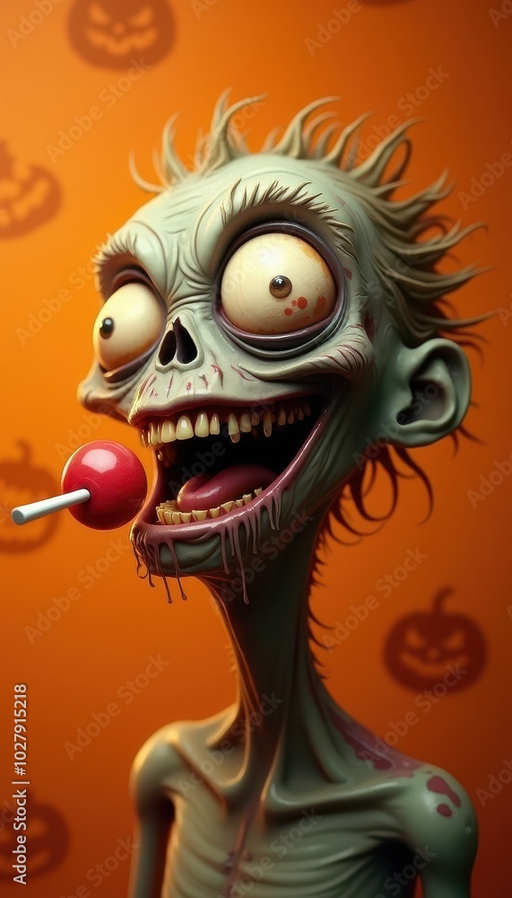 A goofy, one-eyed zombie head laughing with a lollipop stuck to its face, on the right side. The backdrop is a solid orange with faint jack-o’-lantern designs. A goofy, one-eyed zombie head laughing with a lollipop stuck to its face, on the right side. The backdrop is a solid orange with faint jack-o’-lantern designs.