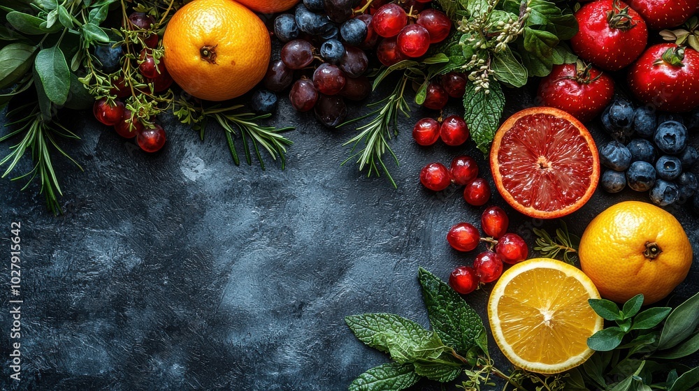 Fresh fruits arranged on a dark background with vibrant colors highlighting grapes, oranges, and berries in a rustic style Fresh fruits arranged on a dark background with vibrant colors highlighting grapes, oranges, and berries in a rustic style