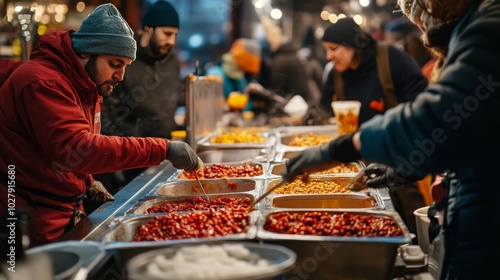 Chili in plastic pots being filled by people in a busy room.