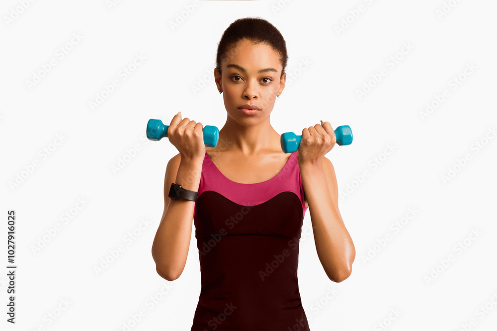 Black Woman Exercising Doing Dumbbell Biceps Curls During Workout On White Studio Background. Isolated Black Woman Exercising Doing Dumbbell Biceps Curls During Workout On White Studio Background. Isolated