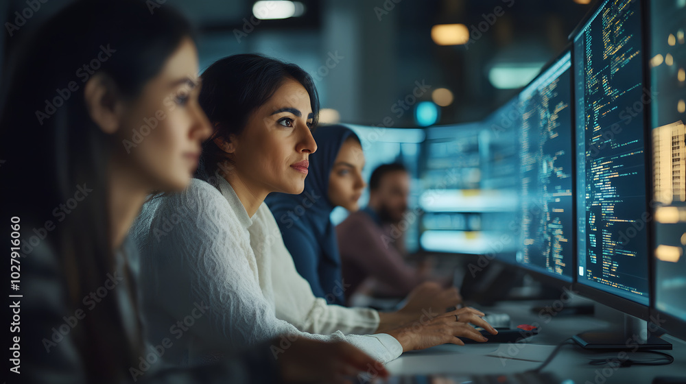 A team of workers from various ethnic backgrounds collaborating on a software project all using high-tech equipment in a modern office. A team of workers from various ethnic backgrounds collaborating on a software project all using high-tech equipment in a modern office.