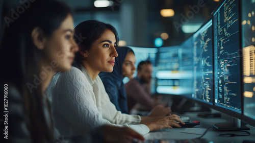 A team of workers from various ethnic backgrounds collaborating on a software project all using high-tech equipment in a modern office.