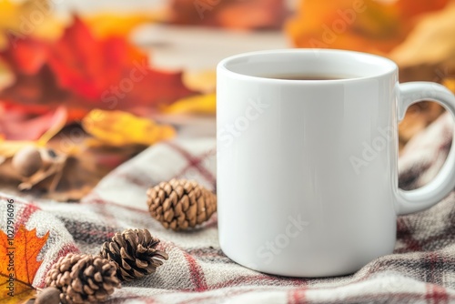 A cozy autumn scene with a steaming mug of coffee surrounded by colorful leaves and pinecones on a plaid blanket