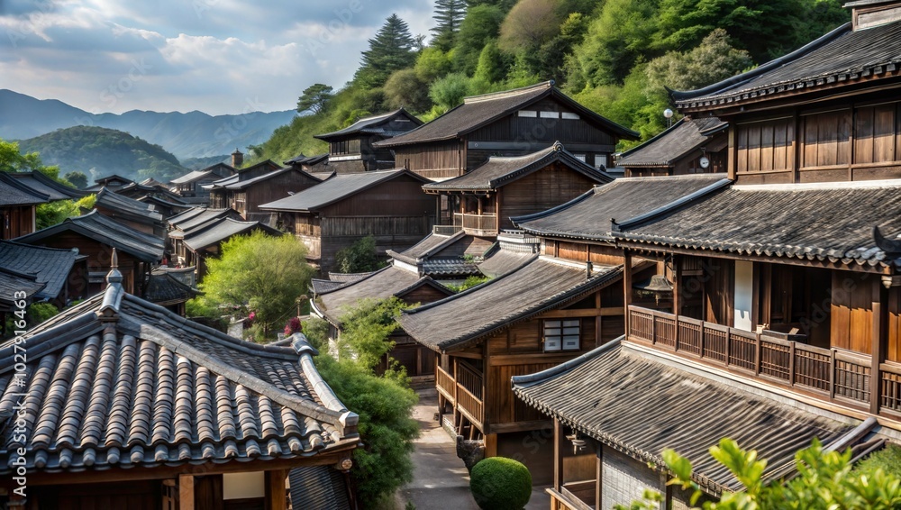 Traditional wooden houses line the narrow streets of a serene mountain village in the late afternoon light. Generative AI Traditional wooden houses line the narrow streets of a serene mountain village in the late afternoon light. Generative AI
