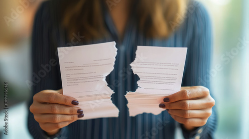 A woman in office clothes holds a contract torn into two pieces in front of her. Close-up of hands holding torn sheets of paper. Destruction of documents, termination of contract.