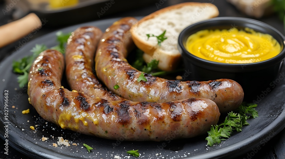 Grilled bratwurst with mustard Grilled bratwurst with mustard