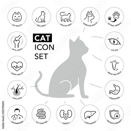 A set of icons for cat. The components of a dog's health. The outline icons are well scalable and editable. Contrasting elements are good for different backgrounds. EPS10.