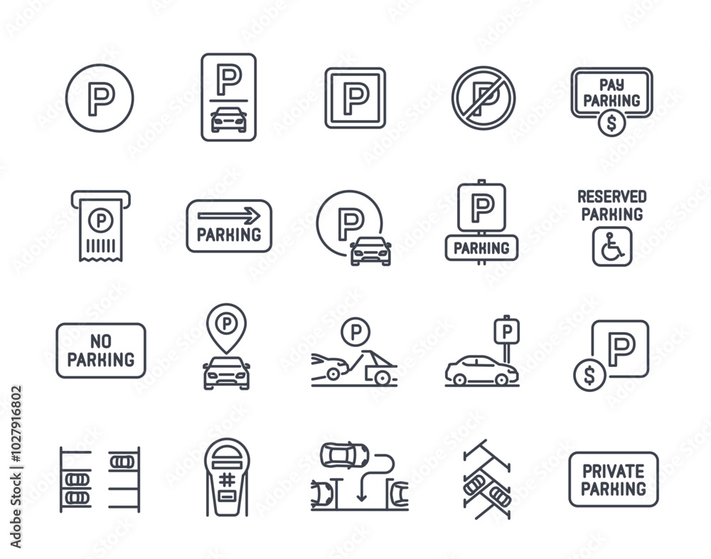 Car parking line icons set. Simple symbols with private parking, cars in parking lot, road signs and tow truck. Editable stroke. Outline vector illustration collection isolated on white background Car parking line icons set. Simple symbols with private parking, cars in parking lot, road signs and tow truck. Editable stroke. Outline vector illustration collection isolated on white background