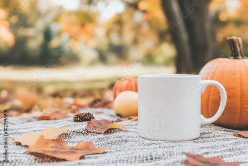 Cozy autumn morning with a white mug surrounded by colorful leaves and pumpkins in a serene outdoor setting