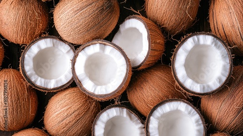 Coconuts are displayed with their shells open, revealing soft, shiny coconut meat. The close-up view highlights the natural beauty and appealing texture of this fresh organic food