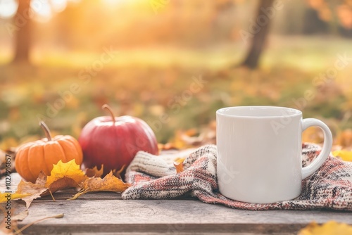 Cozy autumn afternoon with a warm drink and pumpkins in a sunlit park filled with fallen leaves