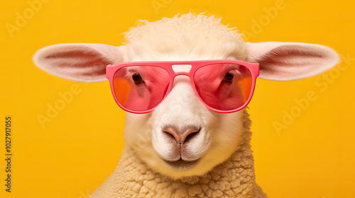 Sheep with glasses. Close-up portrait of a sheep. An anthopomorphic creature. A fictional character for advertising and marketing. Humorous character for graphic design. photo