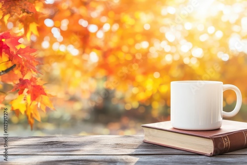A cozy autumn afternoon with a warm mug and an open book amidst vibrant fall leaves
