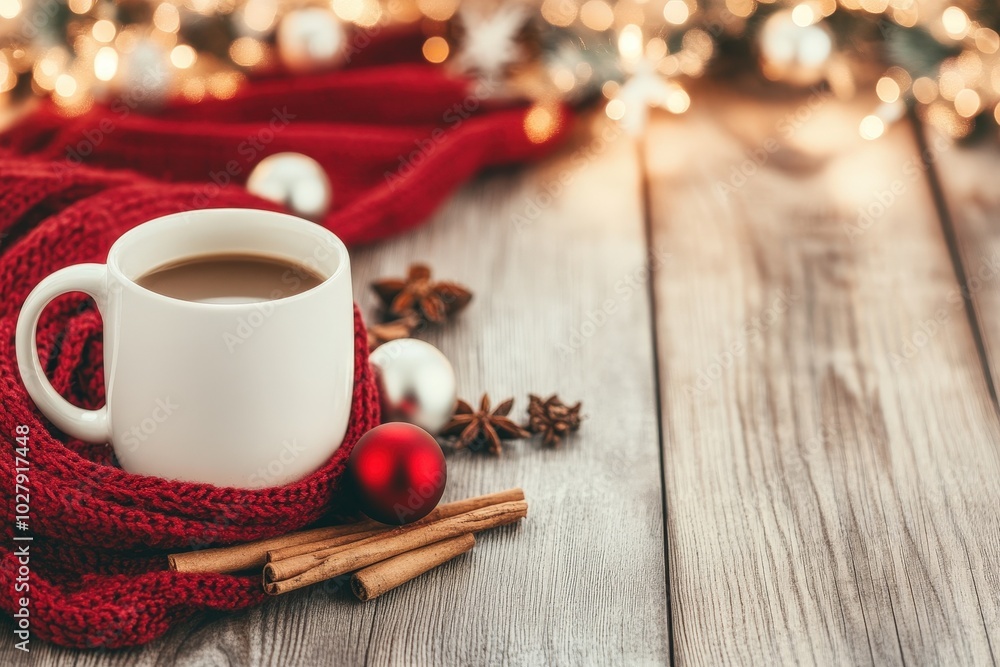 A cozy cup of coffee surrounded by festive decorations and warm textures during the holiday season A cozy cup of coffee surrounded by festive decorations and warm textures during the holiday season