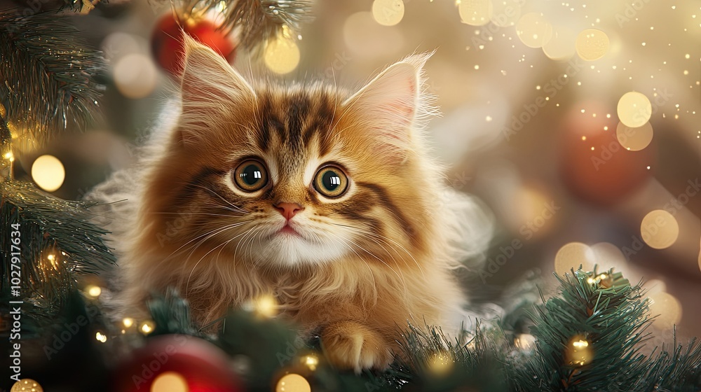 Close-up of cat's face peeking out from the branches of a Christmas tree decorated with balls and garlands. A favorite pet for New Year and Christmas. Illustration for cover, card, postcard, etc. Close-up of cat's face peeking out from the branches of a Christmas tree decorated with balls and garlands. A favorite pet for New Year and Christmas. Illustration for cover, card, postcard, etc.