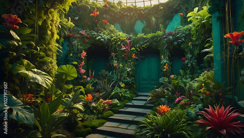 Vibrant green garden walls adorned with tropical plants, creating a lush and serene outdoor oasis. Perfect for nature lovers!