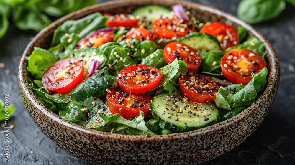 Fresh spinach salad with cherry tomatoes and cucumber prepared in a rustic bowl on a dark table Fresh spinach salad with cherry tomatoes and cucumber prepared in a rustic bowl on a dark table