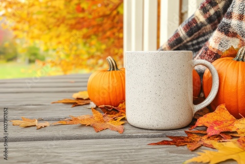 Cozy autumn setting with a warm mug on a wooden table surrounded by pumpkins and colorful leaves in a fall landscape
