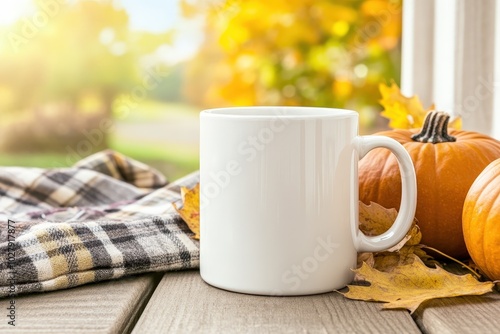 Cozy autumn morning with a blank mug, pumpkins, and colorful leaves on a wooden table in soft sunlight