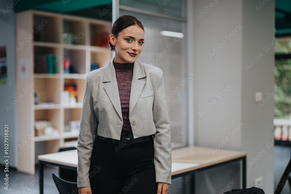 A confident woman in business attire stands in a modern office environment, exuding professionalism and poise. The backdrop suggests a creative and organized workspace conducive to productivity. A confident woman in business attire stands in a modern office environment, exuding professionalism and poise. The backdrop suggests a creative and organized workspace conducive to productivity.