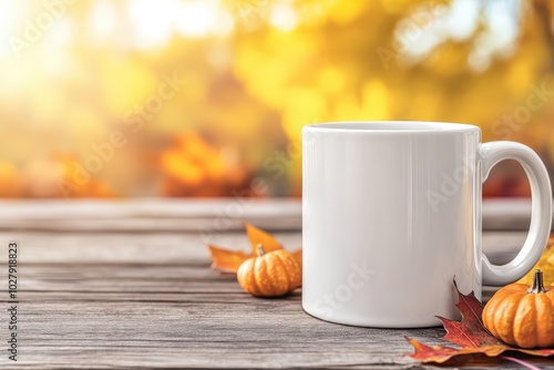 Autumn morning with a cup of coffee surrounded by colorful leaves and small pumpkins on a rustic wooden table